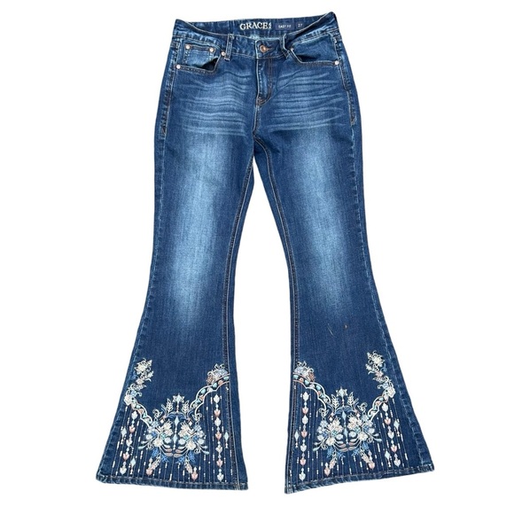 Grace In LA Bell Bottom Jeans 27 Sequins Embroidered Boho Hippie Flare Weatern - Picture 12 of 12